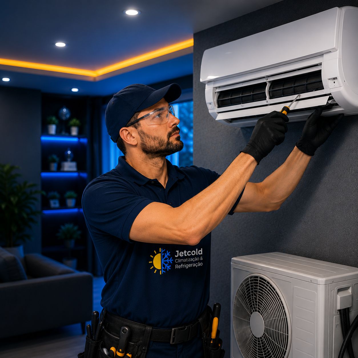 Imagem de apresentação da JetCold: técnico trabalhando em aparelho de ar-condicionado