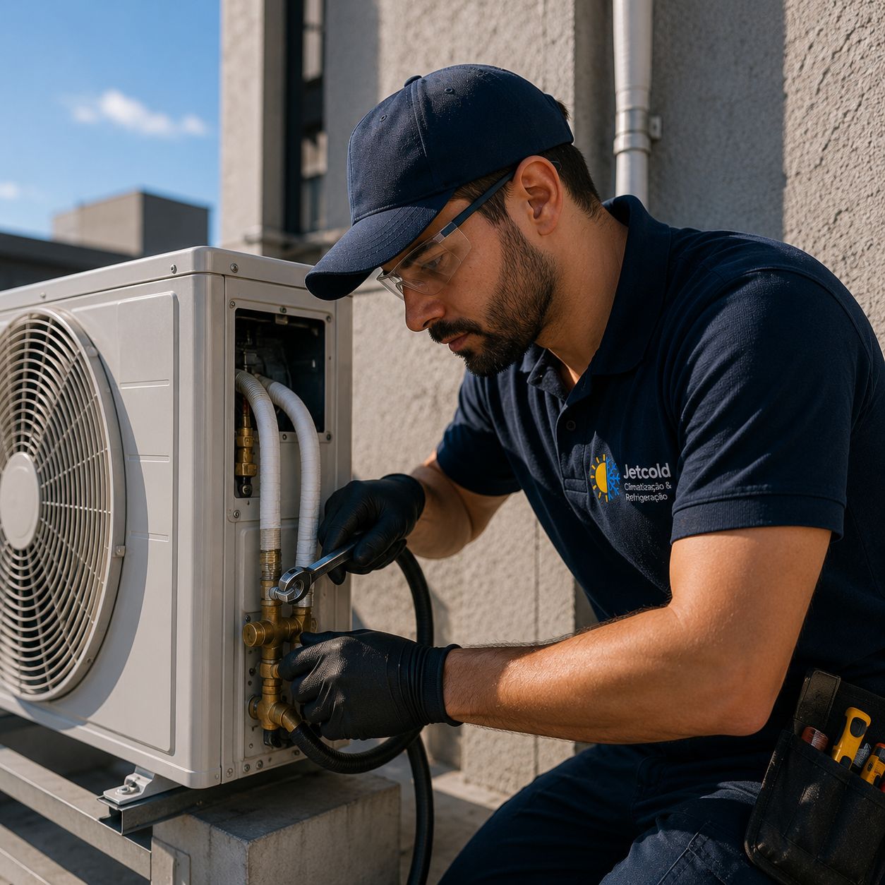 Imagem de apresentação da JetCold: técnico junto à unidade externa de ar-condicionado