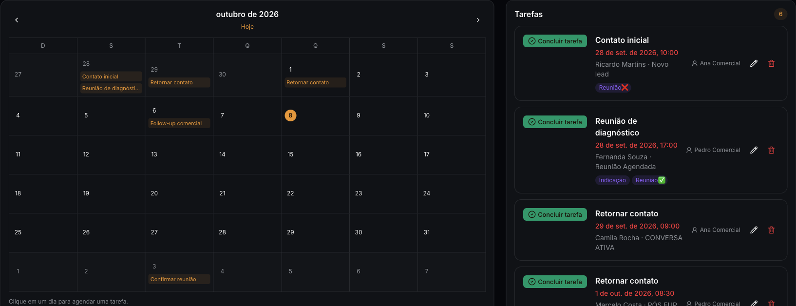 Calendário e lista de follow-ups