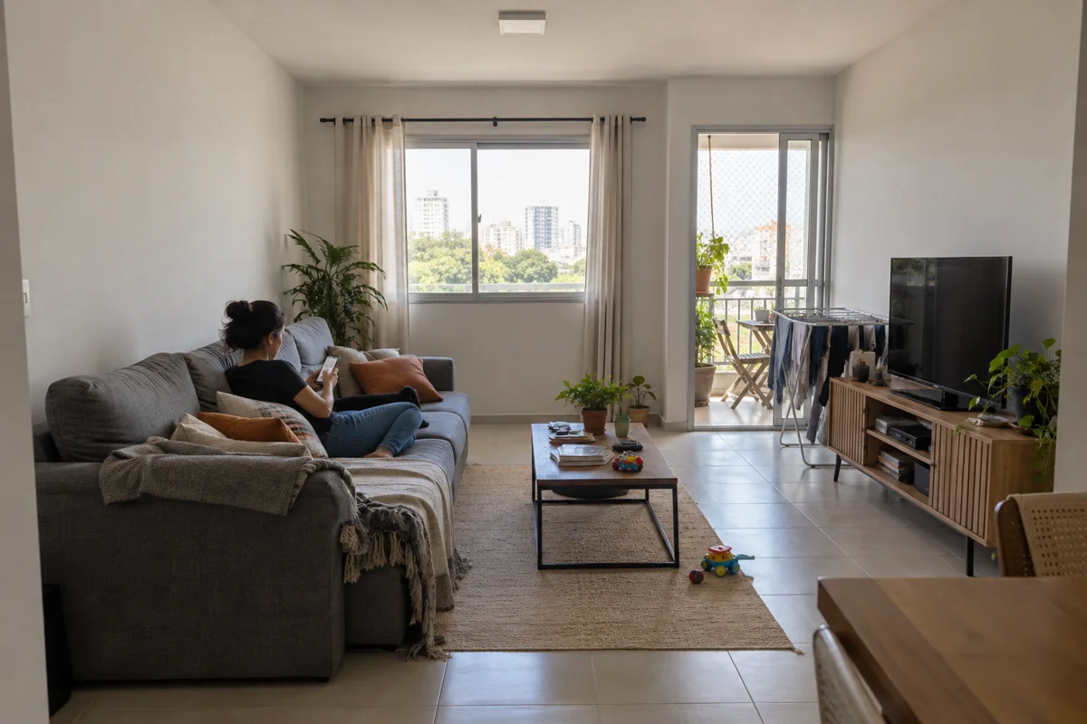 Antes: sala ocupada e a mesma sala com ambientação digital