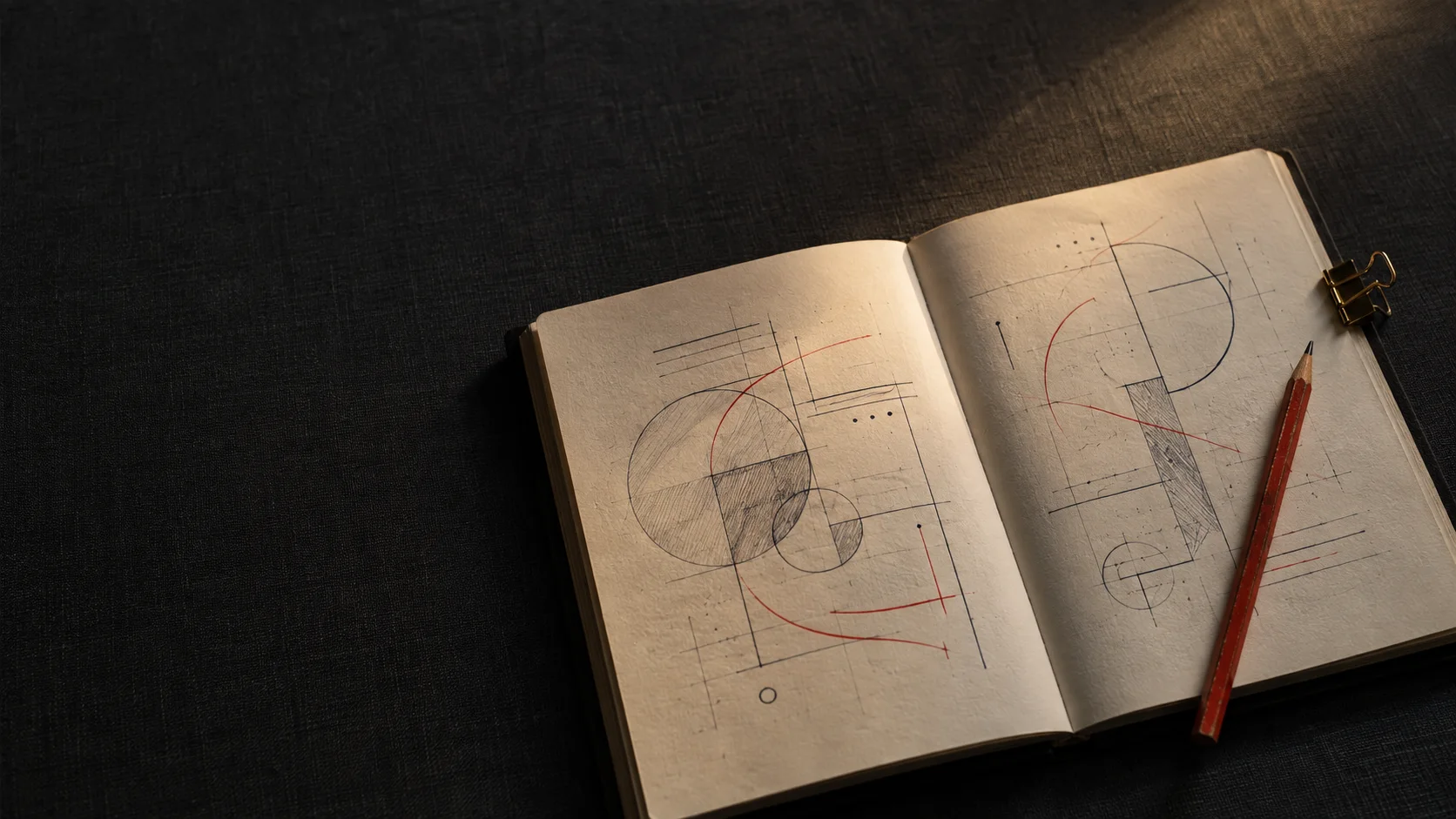 Caderno de estratégia aberto com diagramas abstratos em azul e vermelho.