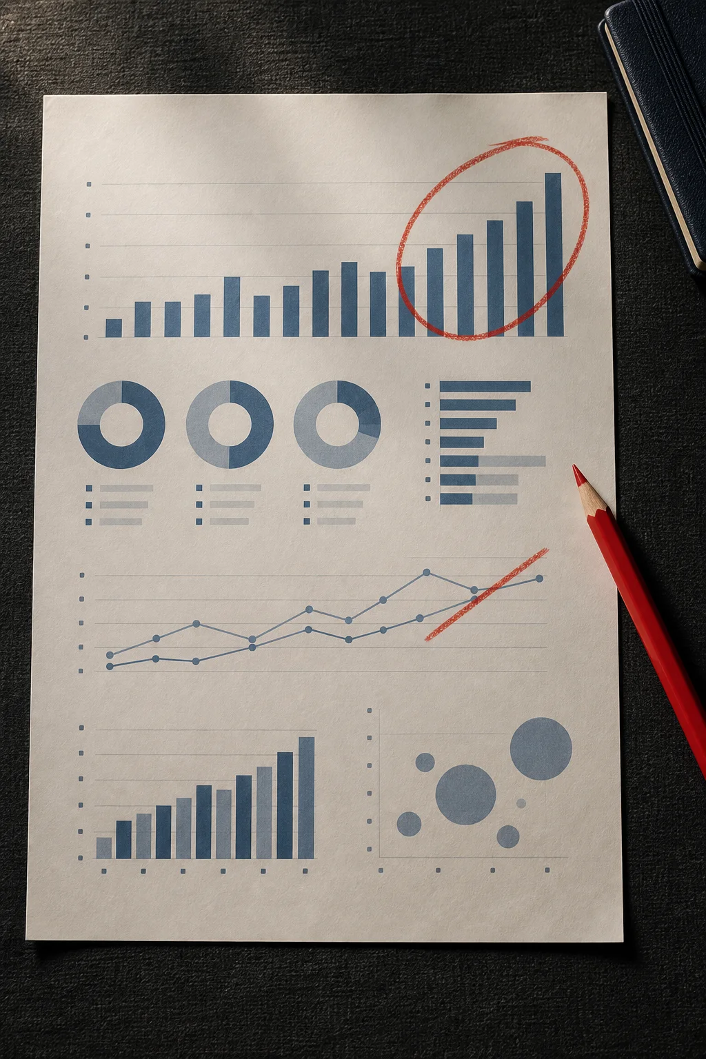 Folha de métricas com gráficos abstratos marcada em vermelho.